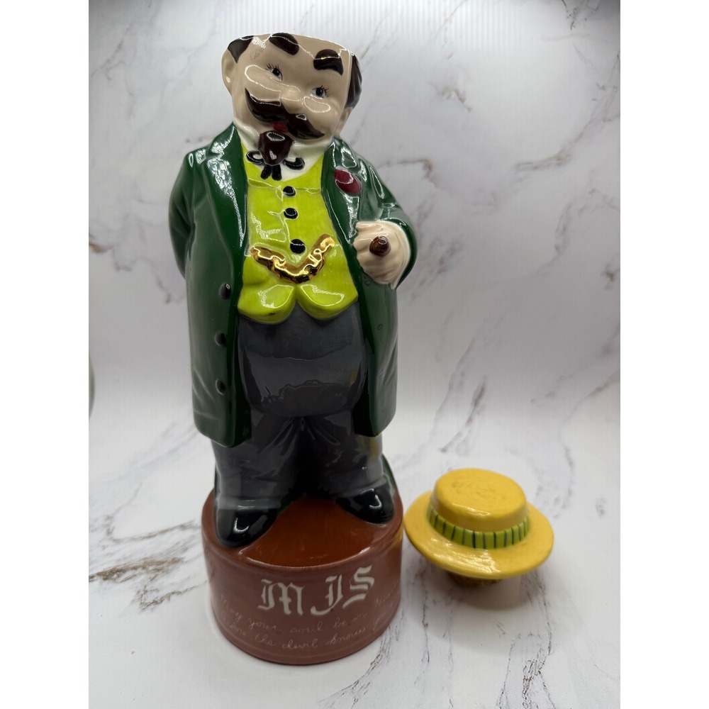 Vintage MJS Irish Blessing Gentleman Decanter Green Coat Boater Hat 12" Tall